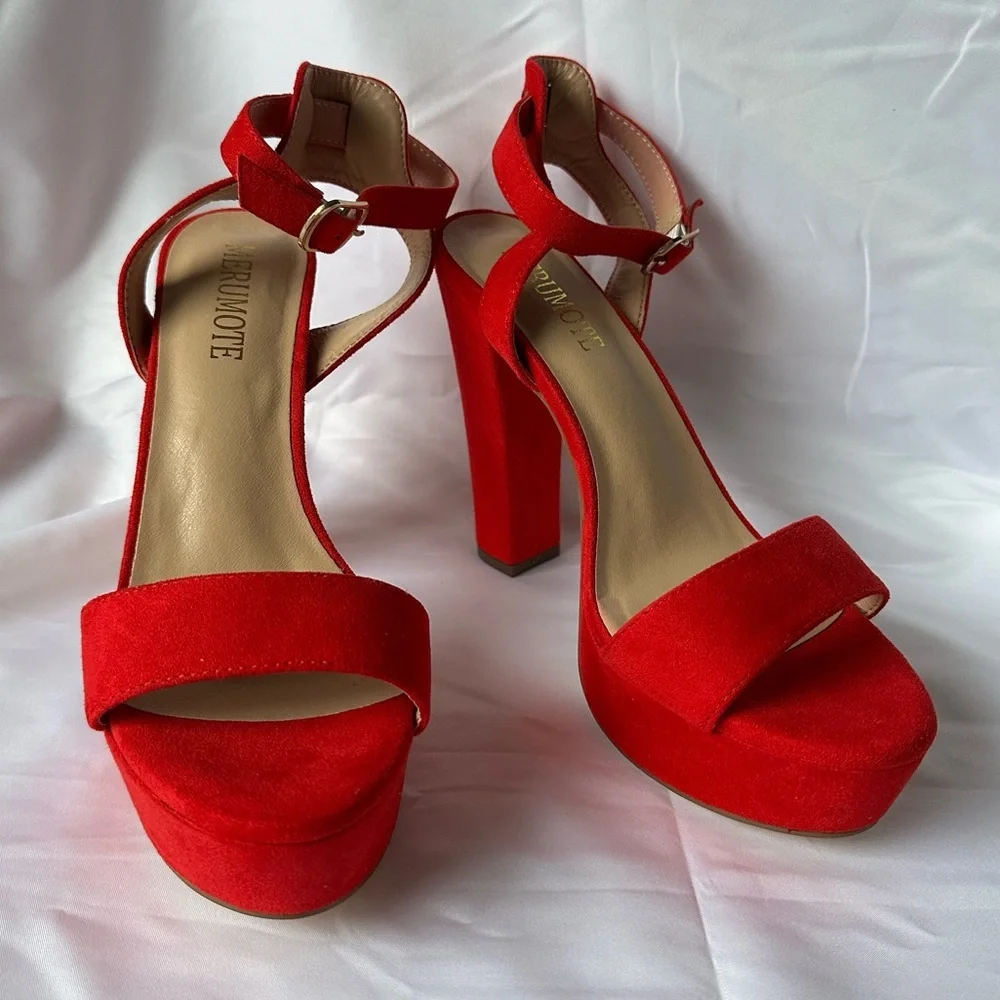 Merumote Red Platform Block Heel Sandals Women’s 8.5 Ankle Strap Open Toe